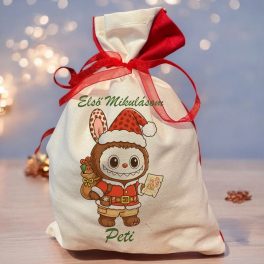   Mikulás zsák saját névvel - Labubu barna ruhában ajándéklistával
