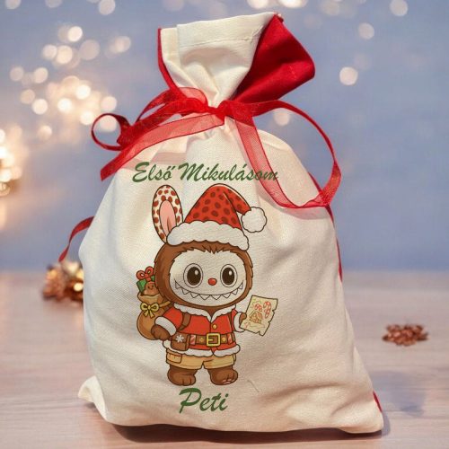 Mikulás zsák saját névvel - Labubu barna ruhában ajándéklistával