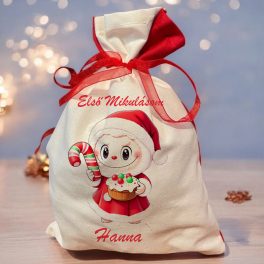   Mikulás zsák saját névvel - Labubu piros ruhában sütivel