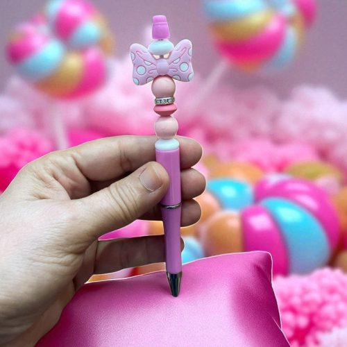 Egyedi mintás szilikon gyöngyös toll - rózsaszín masnis figurával