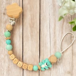 Neves gumilánc - szilikon és fa gyöngyökkel, türkiz színben, türkiz macival