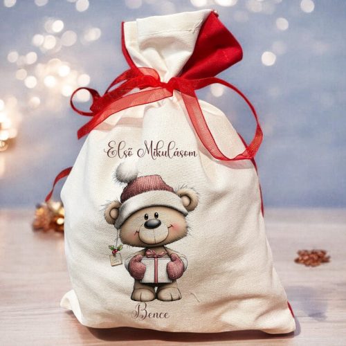 Mikulás zsák saját névvel - Barna maci